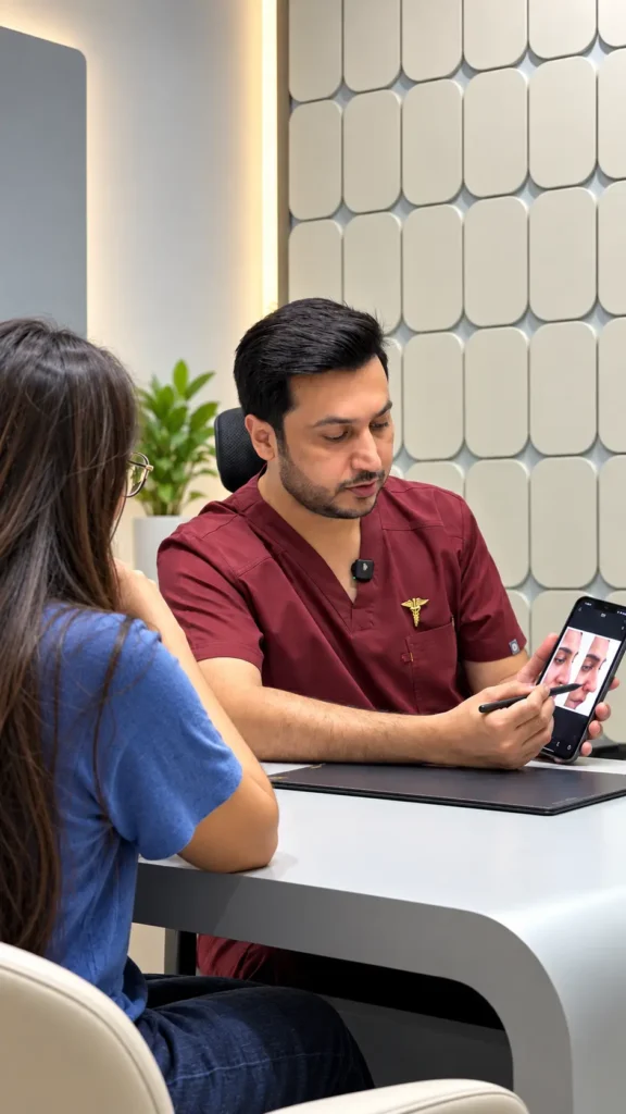 Plastic surgeon consulting a patient about facial treatment options